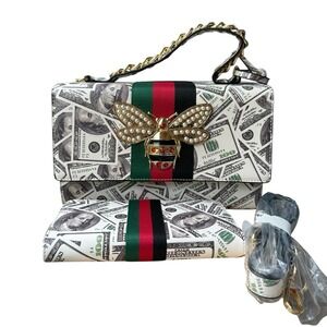 Queen Bee Satchel Purse w Wallet Vegan Leather Stripe Money Print Bejeweled NWOT